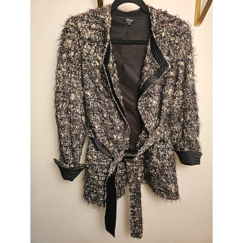 Worth NY Silk Lined Tweed Bouclé Belted Jacket in Multi-Color